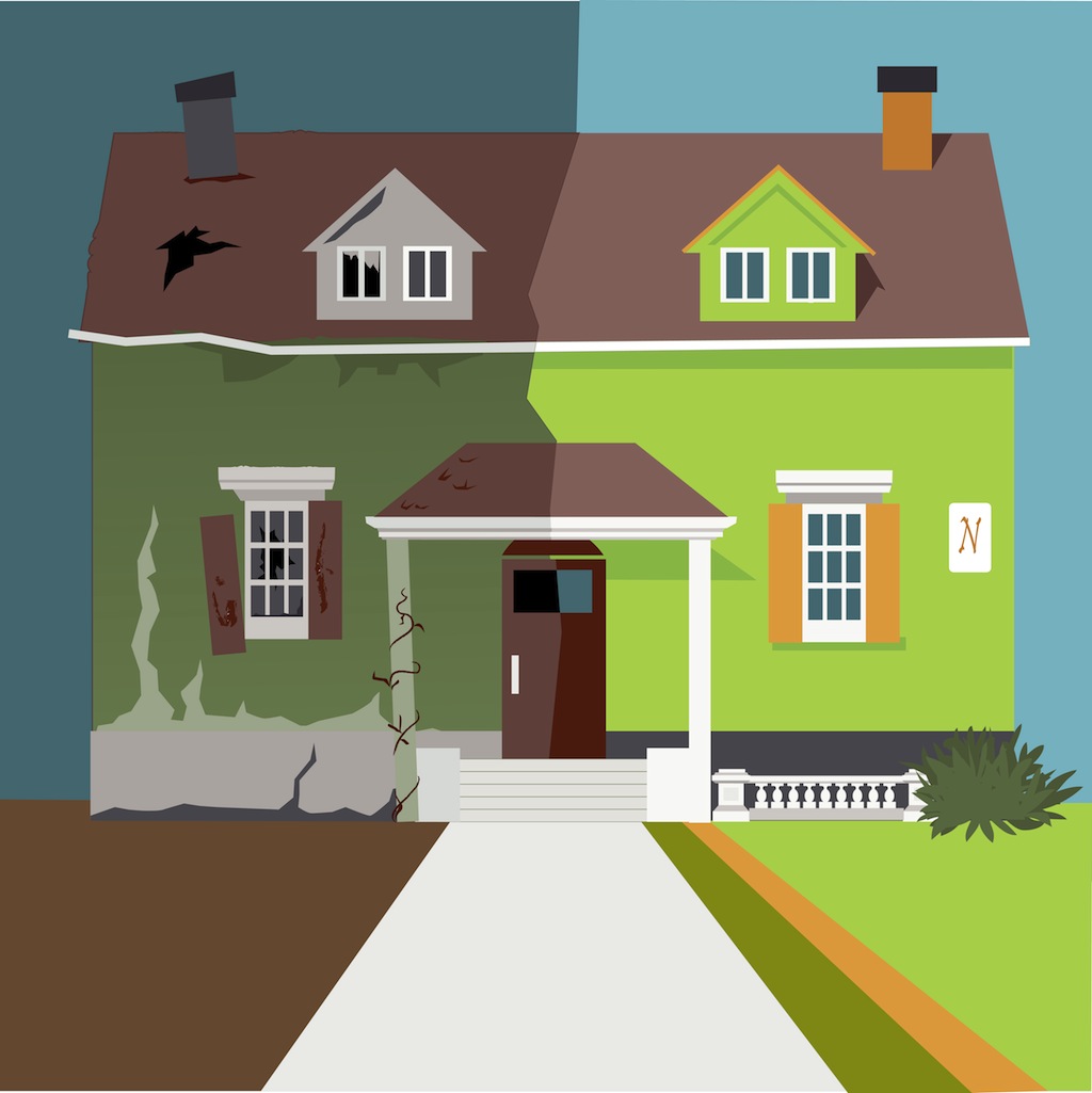 Illustration of a house, old and dilapidated on one side, and clean and new on the other.